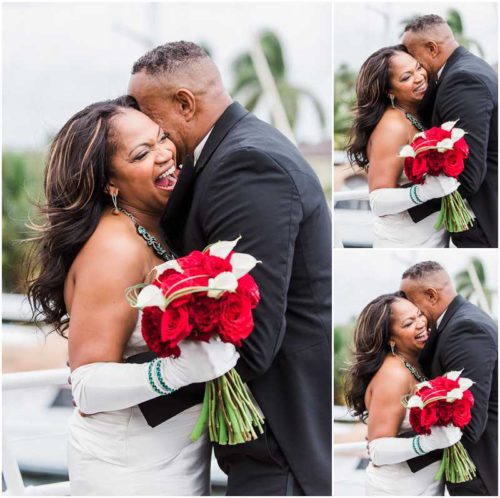 Laughing Bride and groom on boat South Florida Wedding
