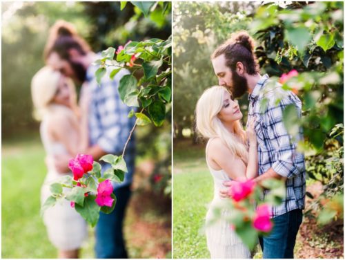 Pink flowers and couple at Up the Creek Farms engagement