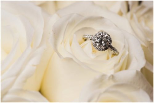 Wedding ring on white roses at waterfront wedding at Chart House