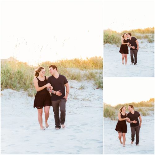 Couple walking by dunes at Jetty Park Engagement