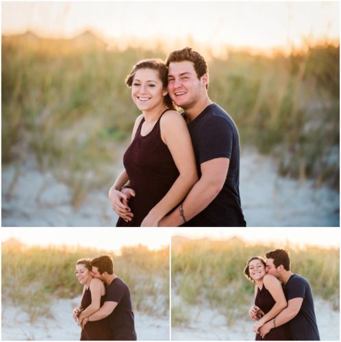 Couple hugging at Jetty Park Engagement