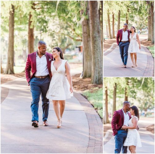Couple walking down path at Lake Eola Engagment