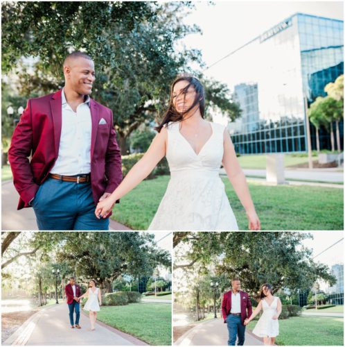 walking down path at Lake Eola engagement