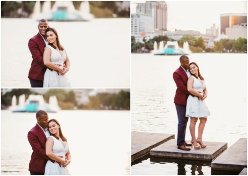 couple hugging during Lake Eola engagement
