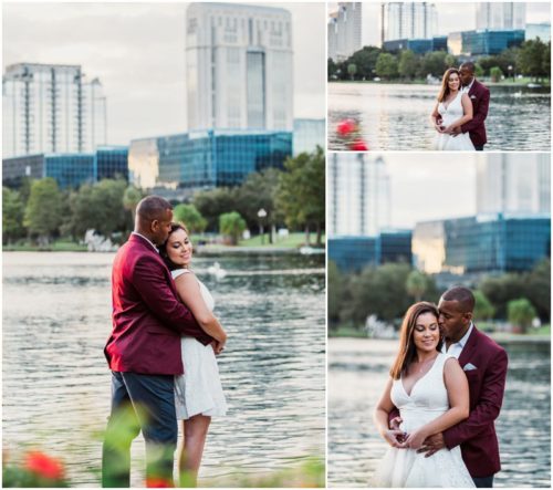 couple hugging during Lake Eola engagement