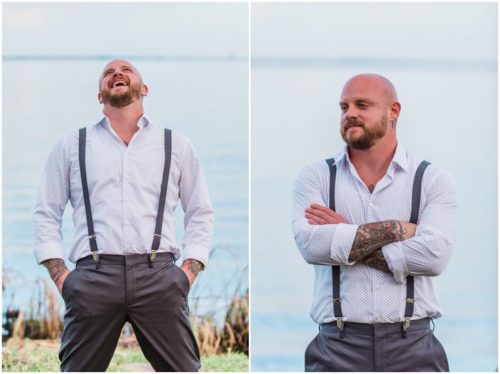 Groom by water at waterfront wedding at Chart House