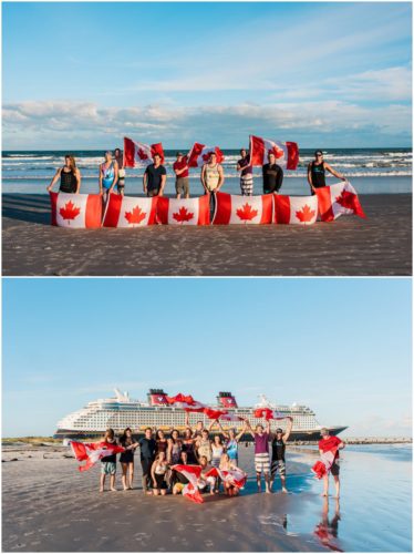 Friends holding Canadian Flags at Jetty Park Engagement