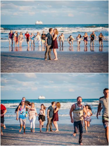 Couple with friends on beach Couple kissing with Disney cruise ship in background at Jetty Park Engagement