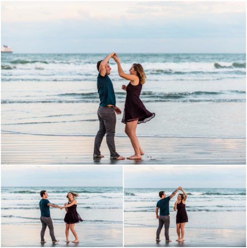 Couple dancing on beach at Jetty Park Engagement