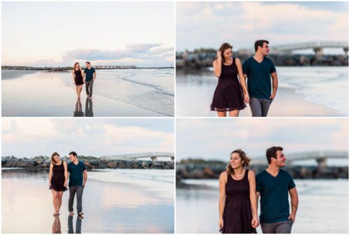 Walking and talking on beach at Jetty Park Engagement