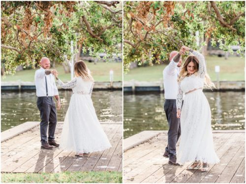 Bride and groom dancing on dock at waterfront wedding at Chart House