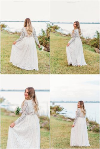Bride in lace dress walking by river at waterfront wedding at Chart House