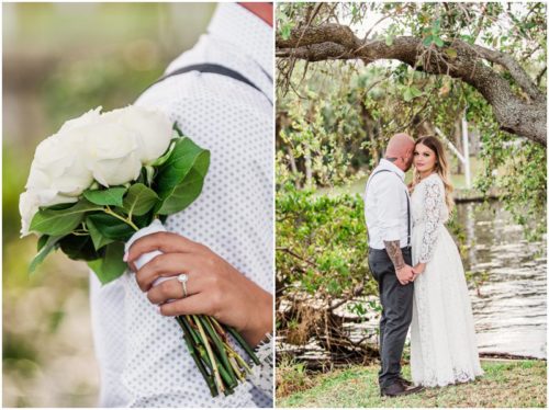 Closeup of white rose bouquet at waterfront wedding at Chart House