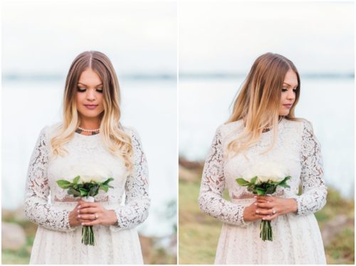 Bride with white rose bouquet at waterfront wedding at Chart House