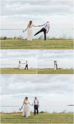 Bride and groom playing by the river at waterfront wedding at Chart House