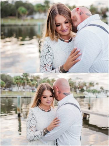 Bride and groom embracing at waterfront wedding at Chart House