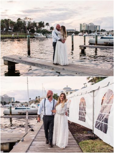 Bride and groom walking on dock at waterfront wedding at Chart House