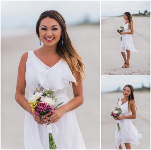 Bride in short dress at beach elopement at Windemere by the Sea