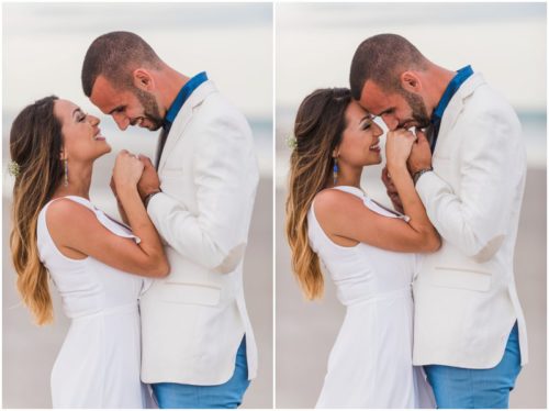 Groom kissing bride's hands at beach elopement at Windemere by the Sea