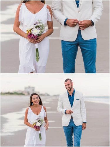 Bride and groom on beach at beach elopement at Windemere by the Sea