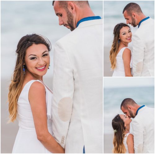 Bride smiling Bride and groom at beach elopement at Windemere by the Sea
