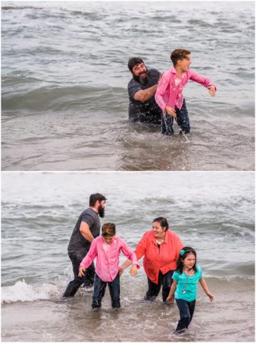 family playing in waves at Melbourne Beach family portrait session