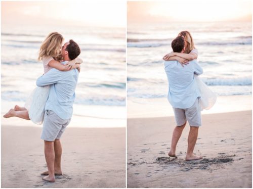 Girl being lift up and spun around couple walking down the beach during sunrise engagement on Melbourne Beach