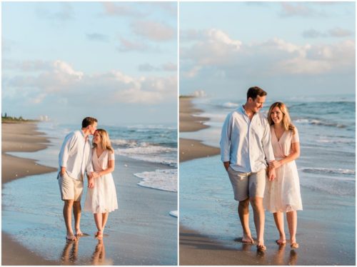 couple walking down the beach during sunrise engagement on Melbourne Beach