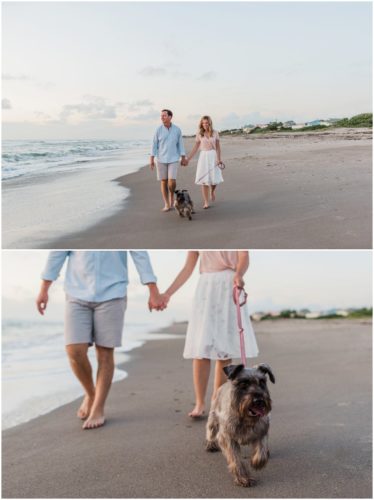 Couple walking with cute dog couple playing in the water couple walking down the beach during sunrise engagement on Melbourne Beach