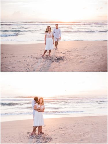 couple walking on beach during sunrise engagement on Melbourne Beach