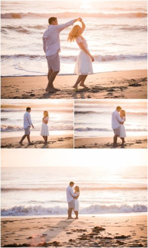 Couple hugging during sunrise engagement on Melbourne Beach