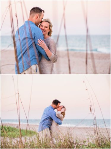 Couple kissing by sea oats at Vero Beach Engagement