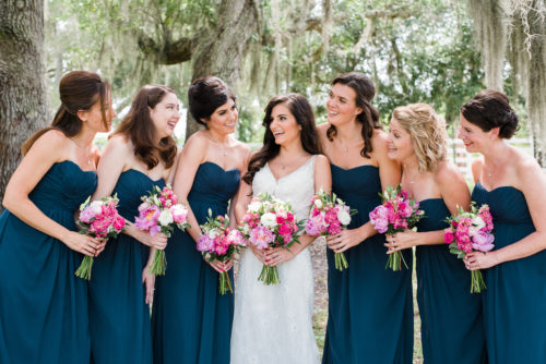 Bridesmaids with pink flowers at Melbourne wedding