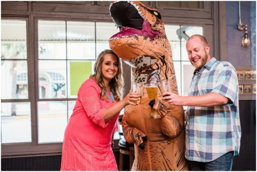 Couple with T-rex t Melbourne engagement photography session