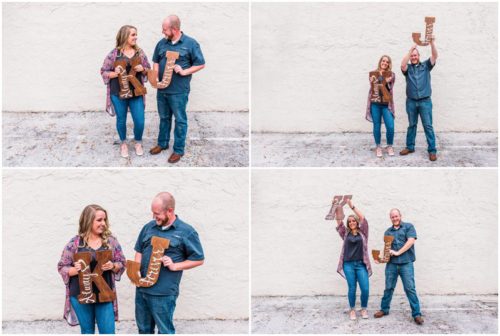 Couple holding wood letters t Melbourne engagement photography session