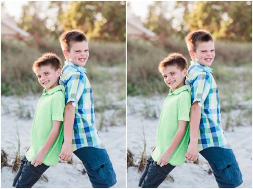 brothers pushing on each other during Melbourne Beach Family Photography session