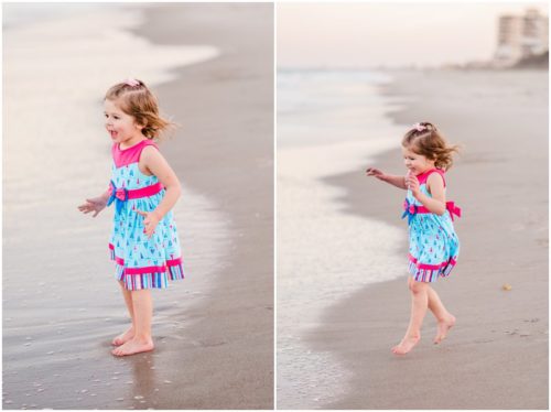 little girl playing on edge of ocean during Melbourne Beach Family Photography session