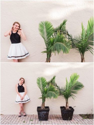Girl by plants during Sweet 16 portraits in downtown Eau Gallie