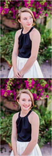 Portrait of girl with pink bushes during Sweet 16 portraits in downtown Eau Gallie