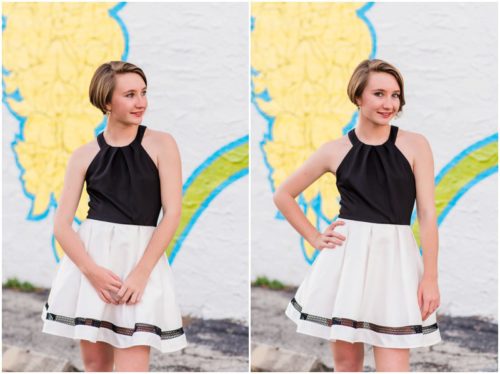 Girl behind mural during Sweet 16 portraits in downtown Eau Gallie