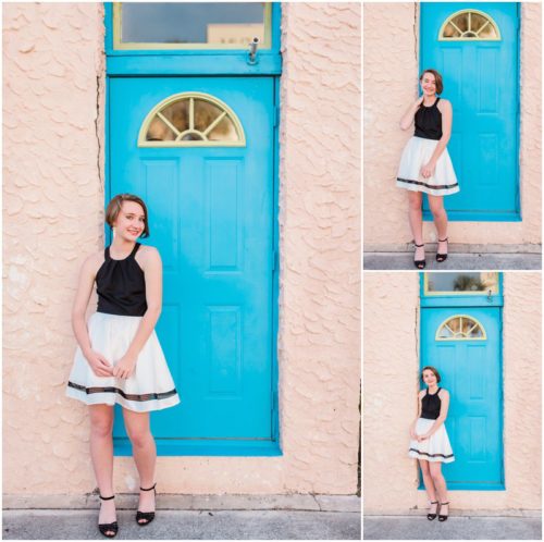 Girl by blue door during Sweet 16 portraits in downtown Eau Gallie