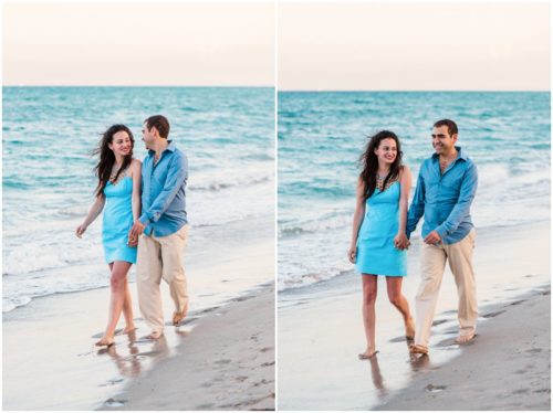 walking holding hands on beach South Florida engagement