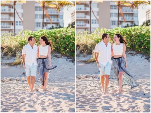 walking and talking down beach during south Florida engagement