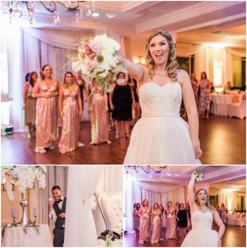 Bouquet toss Bride and groom walking on dock at Crystal Ballroom Wedding