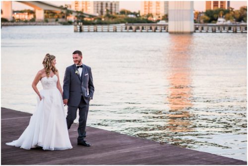 Couple walking on dock at Crystal Ballroom Wedding