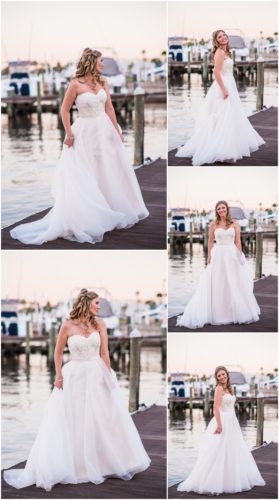 Bride by herself on dock at Crystal Ballroom Wedding