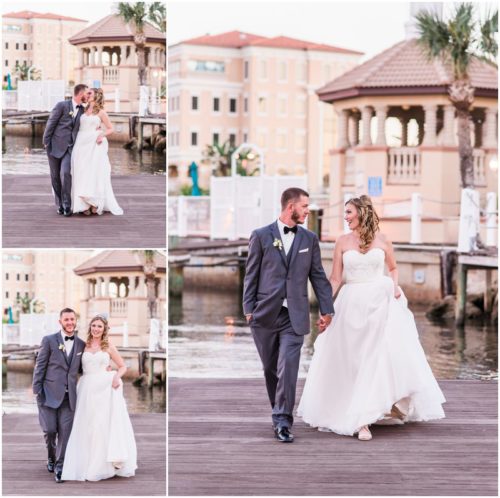 Bride and groom walking on dock at Crystal Ballroom Wedding