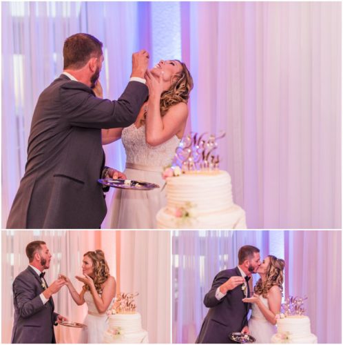 Cake cutting Bride and groom walking on dock at Crystal Ballroom Wedding