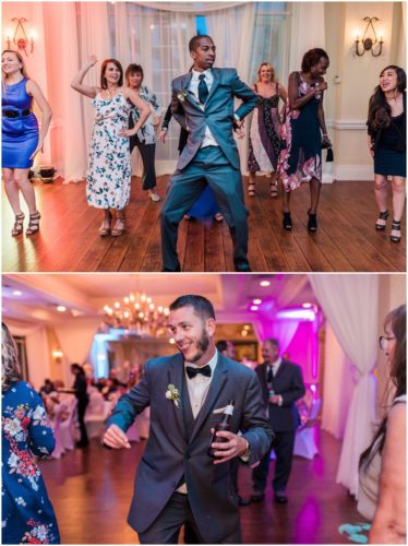 Dancing Bride and groom walking on dock at Crystal Ballroom Wedding