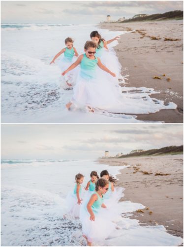 Girls running from a wave during Melbourne Beach Family Photography session